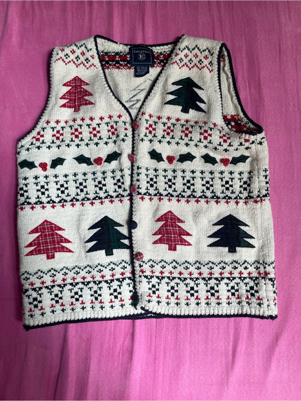 Eagles Eye Vintage 1990s Cream Holiday Knit Vest with Red & Green Tree Motifs